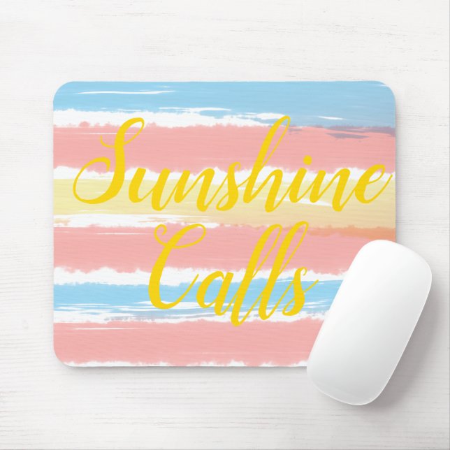 Sunshine Calls Pink Blue Yellow Stripes Watercolor Mouse Pad (With Mouse)