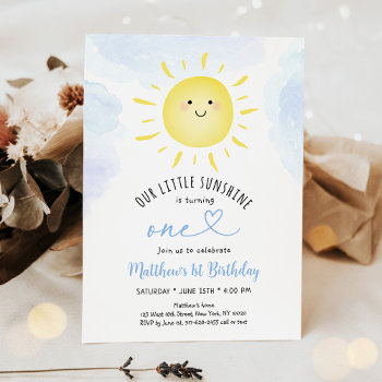 Sunshine Clouds Blue Boy First Birthday Invitation by LittlePrintsParties at Zazzle