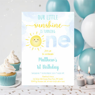 Sunshine Clouds Blue Boy First Birthday Invitation