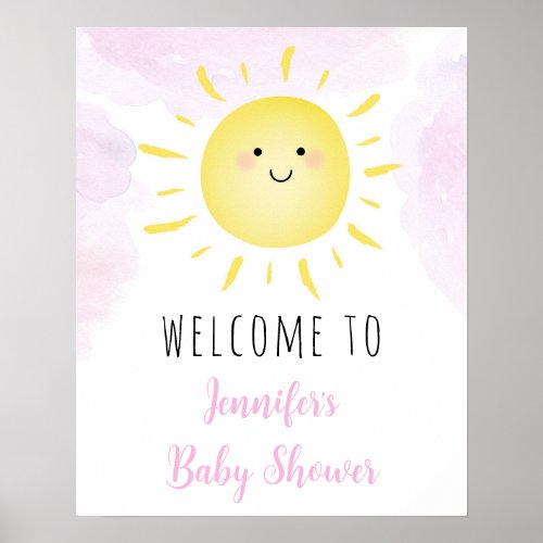 Sunshine Clouds Pink Girl Baby Shower Welcome Poster
