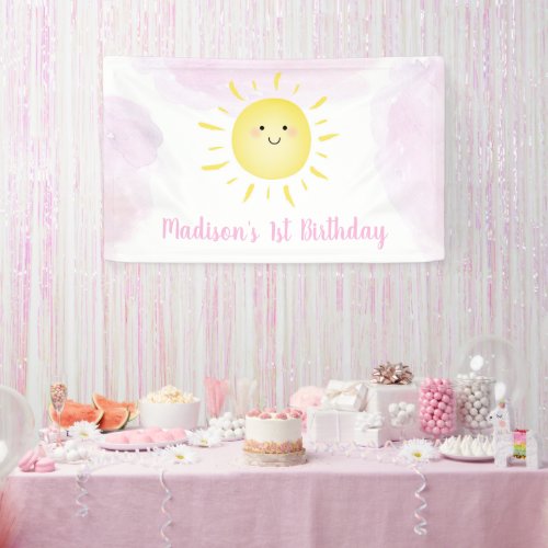 Sunshine Clouds Pink Girl Birthday Banner