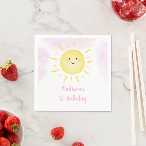 Sunshine Clouds Pink Girl Birthday Napkins