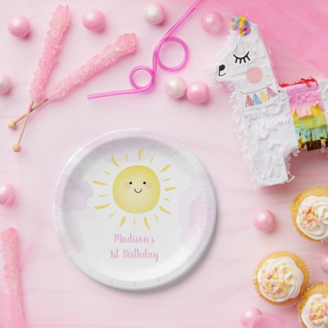 Sunshine Clouds Pink Girl Birthday Paper Plates (Party)