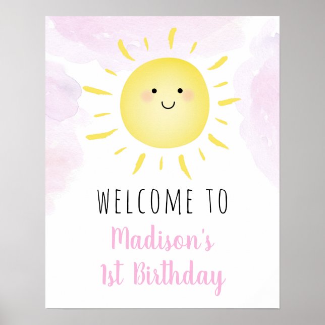 Sunshine Clouds Pink Girl Birthday Welcome Poster (Front)