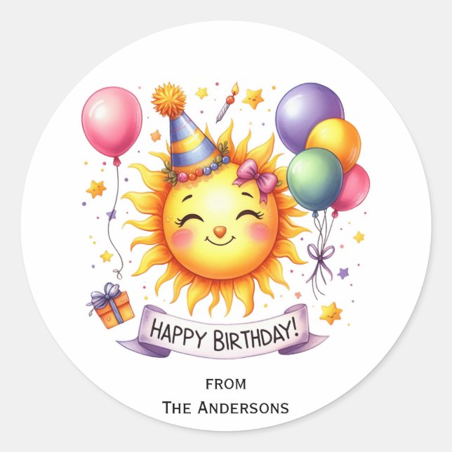 Sunshine Custom Name Happy Birthday Classic Round Sticker (Front)