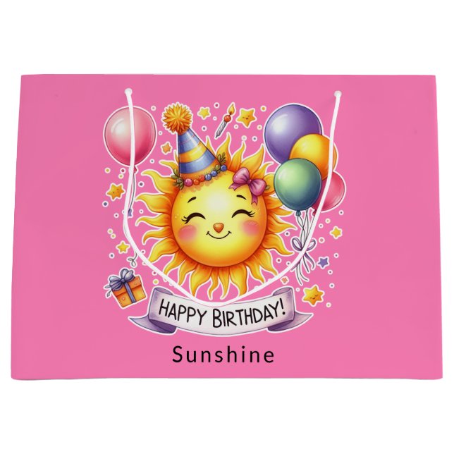 Sunshine Custom Name Happy Birthday Pink Large Gift Bag (Front)