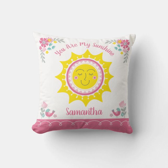 Sunshine Cute Yellow Pink Personalized Baby Nusery Throw Pillow (Front)