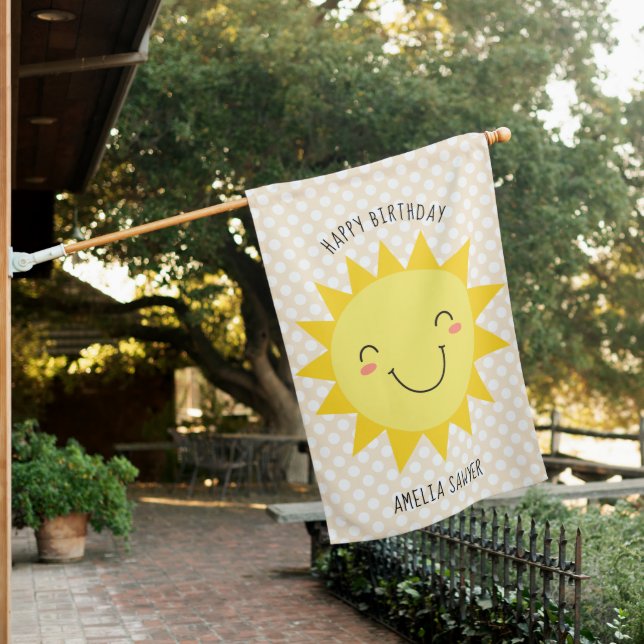 Sunshine Face Gold Happy Birthday Party House Flag (In SItu)