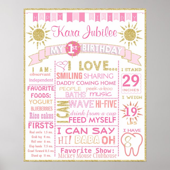 Sunshine First birthday board sign poster girl (Front)