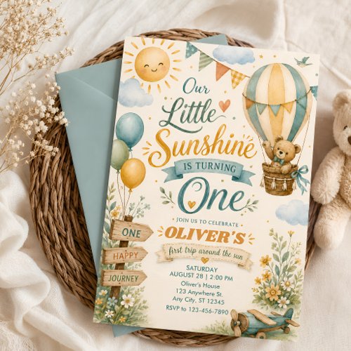 Sunshine First Birthday Boy Hot Air Balloon Teddy  Invitation