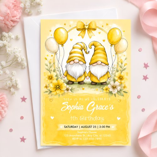 Sunshine Floral Balloon Custom Name First Birthday Invitation