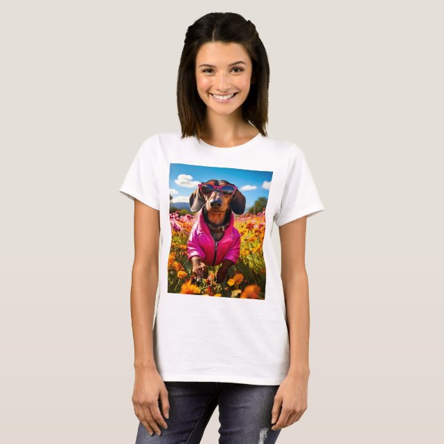 Sunshine Flower Garden Nature Cloud Sky Dachshund T-Shirt (Front Full)