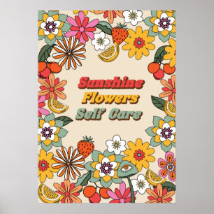 Sunshine flowers self care groovy retro poster