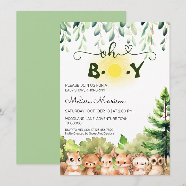 Sunshine Forest Animals Baby Boy Shower Invitation (Front/Back)