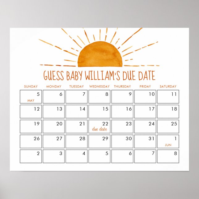 Sunshine Guess The Due Date Baby Shower Poster (Front)