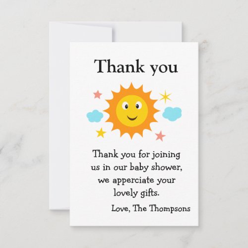 Sunshine Here Comes The Sun Baby Shower  Thank You Card