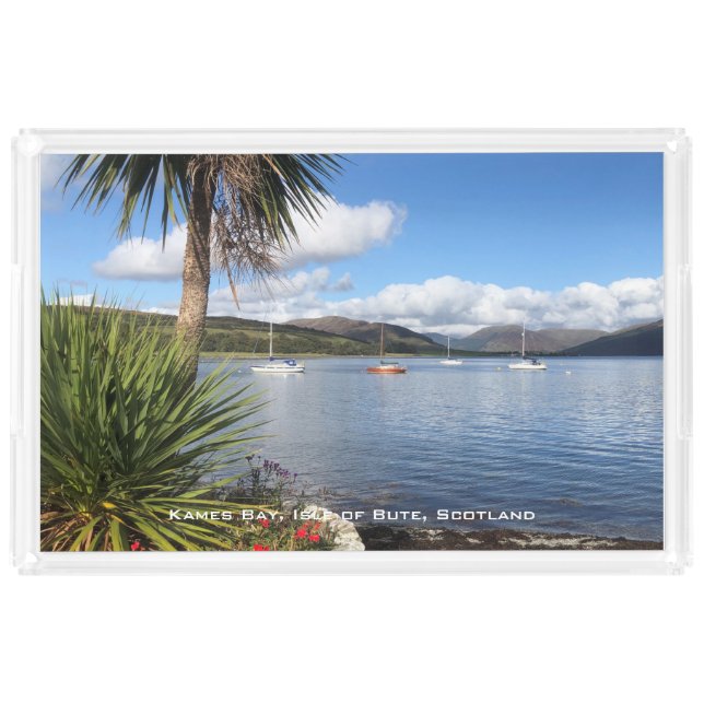 Sunshine in Scotland. Bay with Palm Trees & Yachts Acrylic Tray (Front)