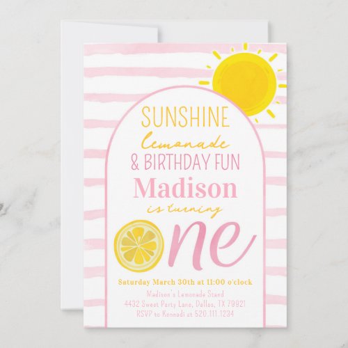 Sunshine Lemonade 1st Birthday Party Invitation