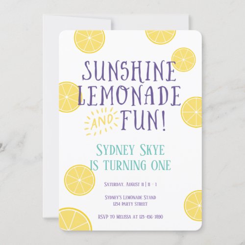Sunshine Lemonade and Fun kids Birthday party Invitation