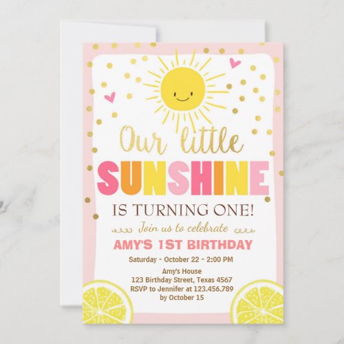 Sunshine Lemonade Birthday invitation Pink Lemons