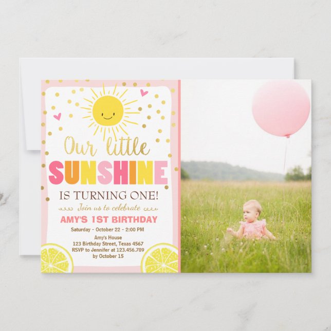 Sunshine Lemonade Birthday invitation Pink Lemons (Front)