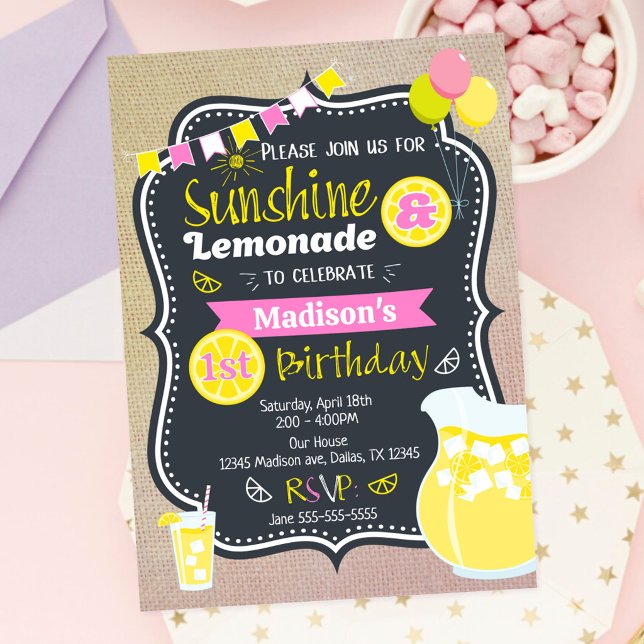 Sunshine Lemonade Girl Pink Summer Birthday Invitation (Creator Uploaded)