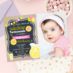 Sunshine Lemonade Girl Pink Summer Photo Birthday Invitation
