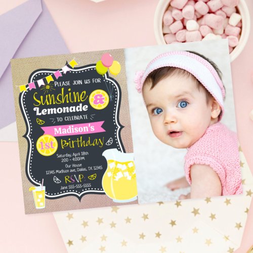 Sunshine Lemonade Girl Pink Summer Photo Birthday Invitation