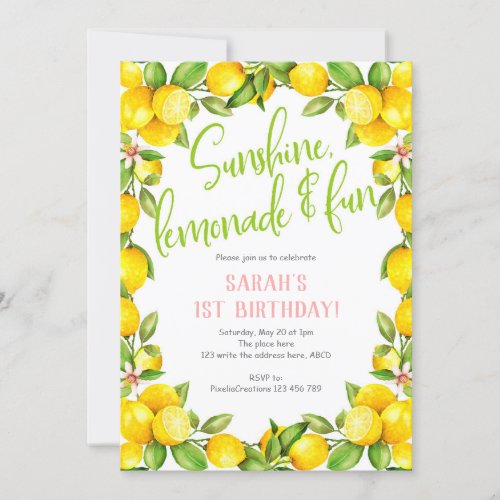 Sunshine lemonade Lemon 1st birthday invitation