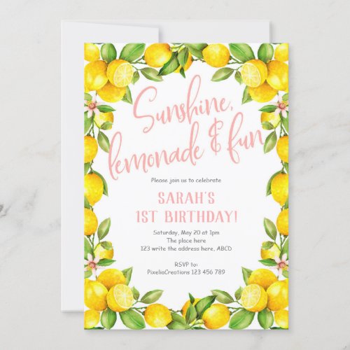 Sunshine lemonade Lemon 1st birthday invitation