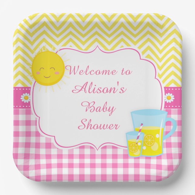 Sunshine & Lemonade Pink & Yellow  Paper Plates (Front)