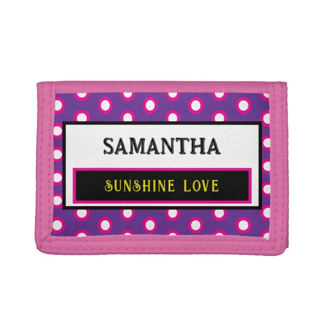 Sunshine Love Purple Pink Polka Dots NAME Trifold Wallet (Front)