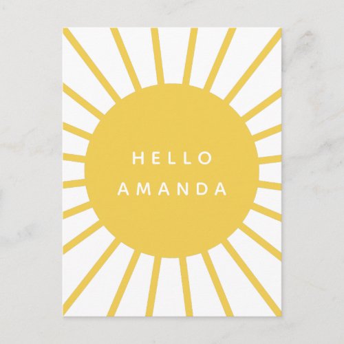 Sunshine  Name Hello Modern Scandi Mustard Sun Postcard