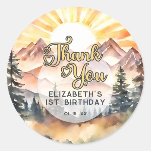 Sunshine Nature Mountains Birthday Party Thank You Classic Round Sticker