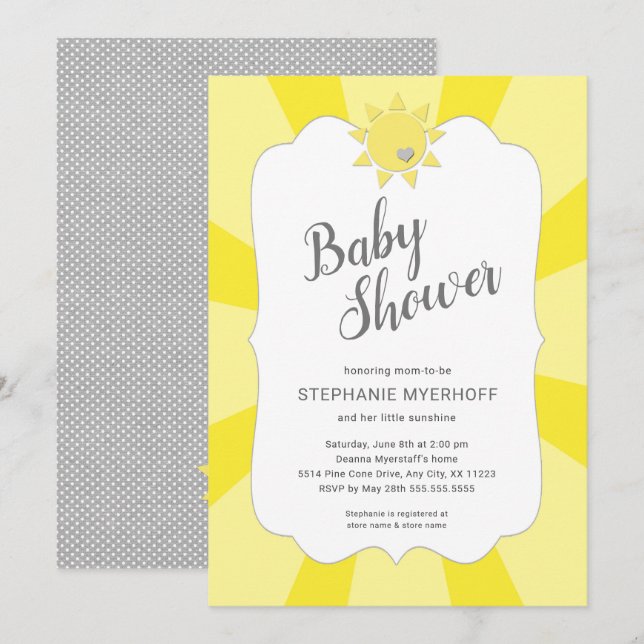 Sunshine neutral gender baby shower, yellow gray invitation (Front/Back)