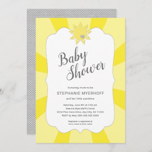 Sunshine neutral gender baby shower yellow gray invitation