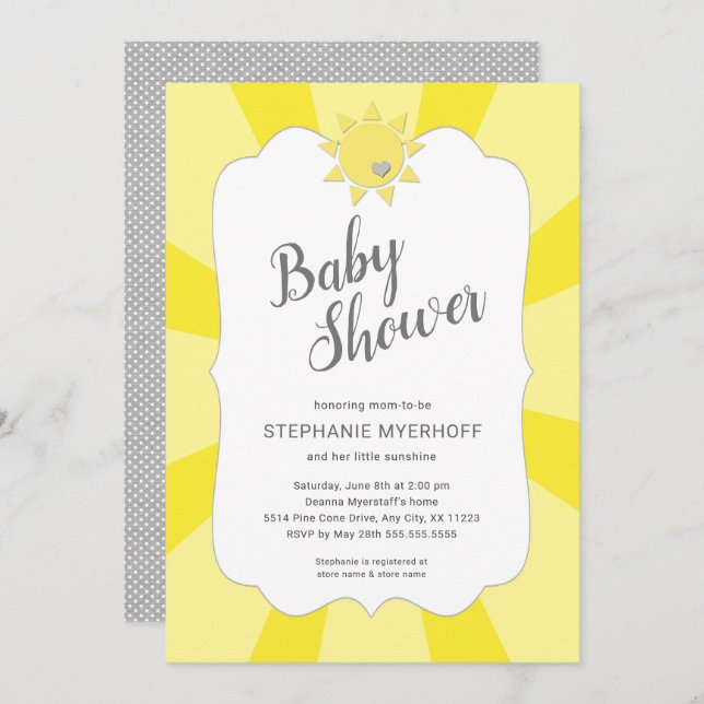 Sunshine neutral gender baby shower, yellow gray invitation (Front/Back)