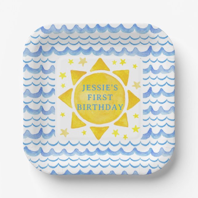 Sunshine Ocean & Stars 1st Birthday Paper Plates – (Front)
