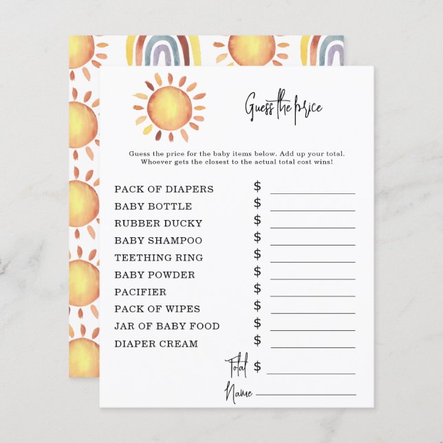 Sunshine Party games | Price Guess Game (Front/Back)
