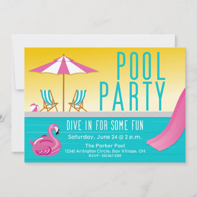 Sunshine & Pink Flamingo Pool Party Invitation (Front)