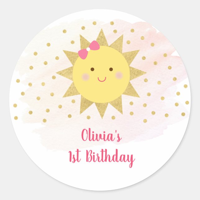 Sunshine Pink & Gold First Birthday Classic Round Sticker (Front)