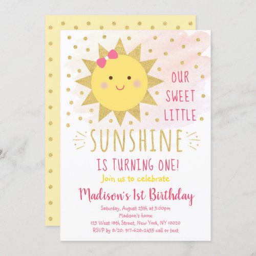 Sunshine Pink  Gold First Birthday Invitation