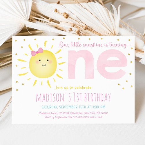 Sunshine Pink Gold First Birthday Invitation
