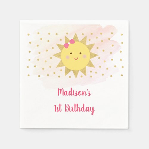 Sunshine Pink  Gold First Birthday Napkins