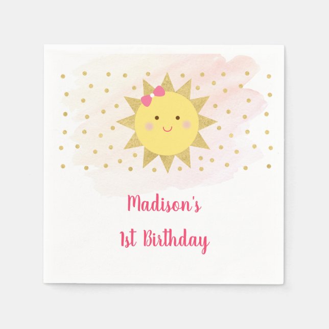 Sunshine Pink & Gold First Birthday Napkins (Front)