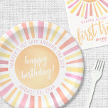 Sunshine Pink Sun 1st Birthday Party Paper Plates<br><div class="desc">Happy Birthday Sunshine Paper Plate. This cheerful paper plate design features a vibrant sun at the center, with "Happy Birthday" displayed on top. The sun’s rays shine in warm shades of yellow, orange, pink, and red, creating a bright and joyful look perfect for a First Trip Around the Sun 1st...</div>