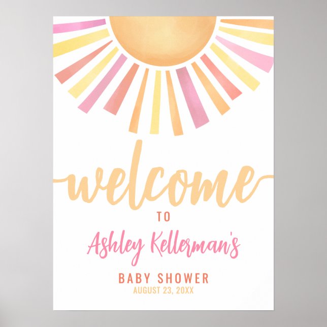 Sunshine Pink Sun Baby Shower Welcome Sign (Front)