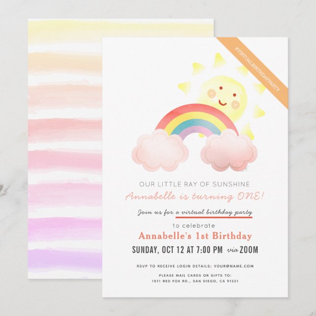 Sunshine & Rainbow Girl Virtual Birthday Party Invitation (Front/Back)