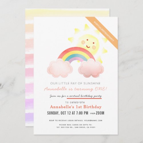 Sunshine  Rainbow Girl Virtual Birthday Party Invitation