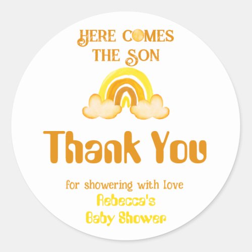  Sunshine Rainbow Here Comes the Son Baby Shower Classic Round Sticker